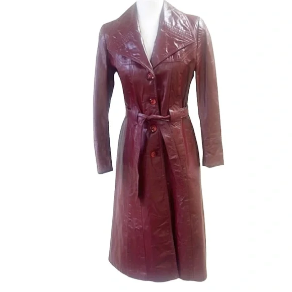 Vintage red leather trench coat - Picture 10 of 12